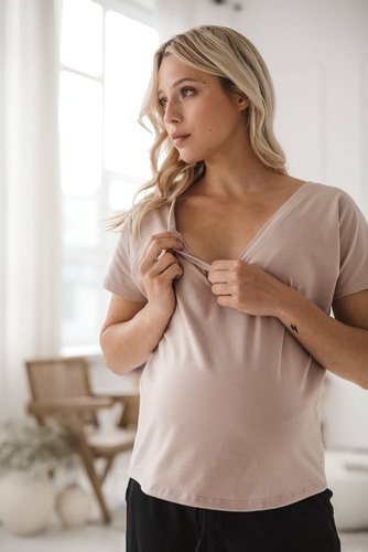 Bluzka ciążowa i do karmienia z krótkim rękawem Two Ways Milk&Love beżowy