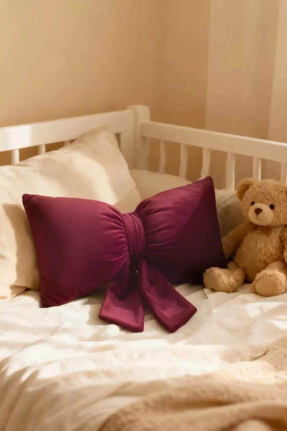 Bordowa poduszka świąteczna Kokarda – welurowa dekoracja od Spod Igły i Nitki, Oeko-Tex