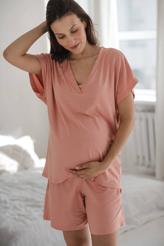 Bambusowa bluzka od piżamy ciążowej do karmienia krótki rękaw Moon Milk&Love herbaciana róża