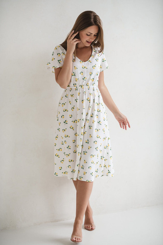 Biała sukienka ciążowa i do karmienia w cytryny – Lovely Dress Midi, krótki rękaw Milk&Love 