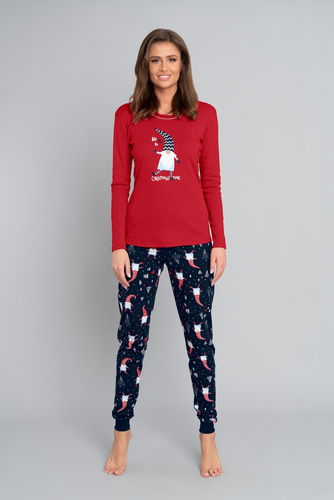 Piżama Damska długi rękaw, długie spodnie Skrzat Italian Fashion- czerwony/druk 