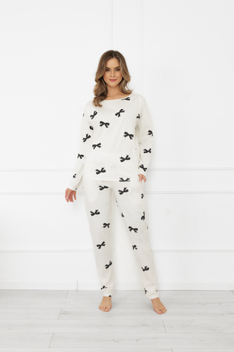 Damska piżama Figaro – bawełna, ecru, długi rękaw + spodnie Italian Fashion 