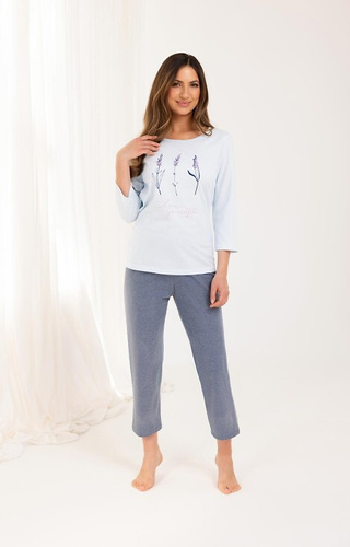 Regina 703 piżama bawełniana błękitna – damska, roślinny nadruk, spodnie 7/8