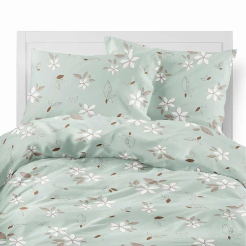 5632 B Detexpol Pastel Flowers miętowa w białe kwiaty i liście– pościel flanelowa bawełniana, miękka i przytulna