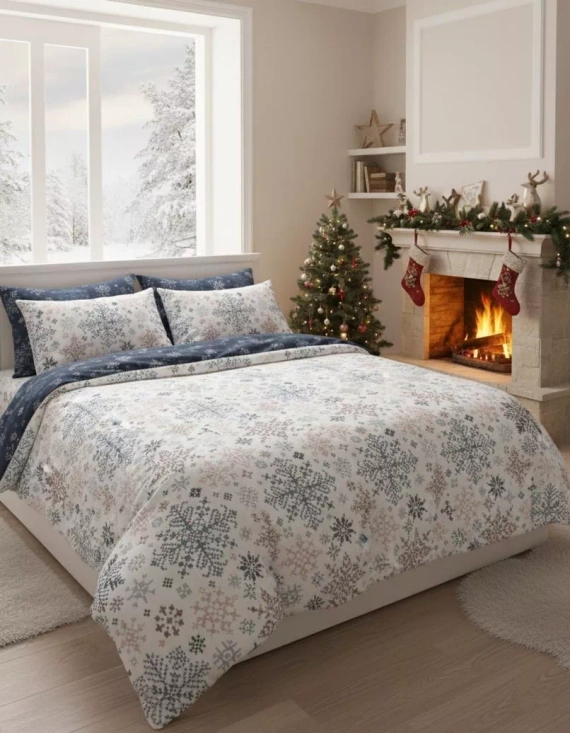 Scandic 068 Scandic Faro biała granatowa renifery  – pościel świąteczna dwustronna, bawełna 100%, komplet 