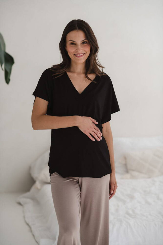 Bambusowa bluzka od piżamy ciążowej do karmienia krótki rękaw Moon Milk&Love czarny