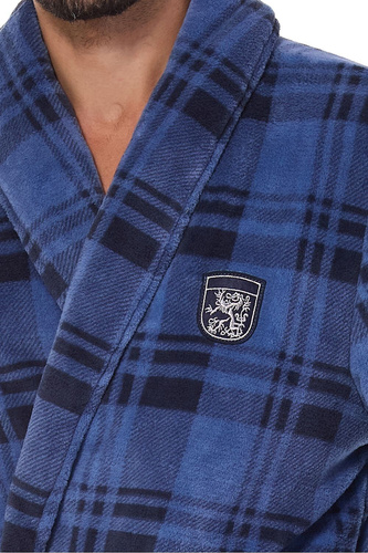 L&L 2456 BJ navy– męski szlafrok w kratkę, miękki z kieszeniami