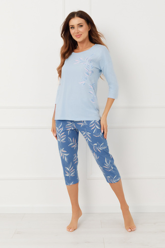 Bawełniana piżama damska ERULA Italian Fashion 3/4 plus size- niebieska