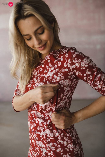 Sukienka do karmienia Milky Dress Milk&Love rękaw 3/4 burgund w kwiaty