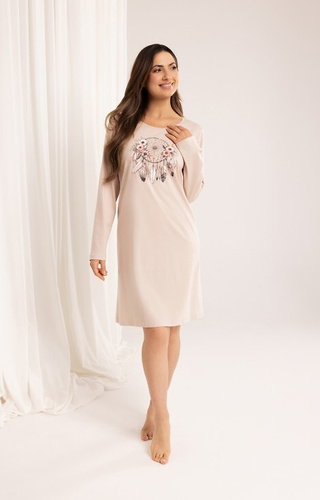 Regina 162 koszula nocna bawełniana beżowa – długi rękaw, nadruk, przed kolano