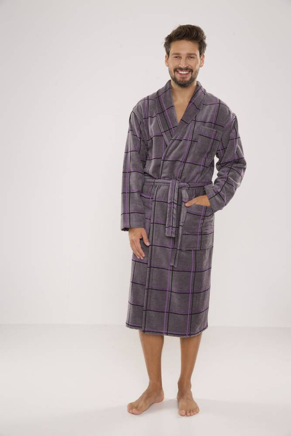 803 / 819 Twin Frotte szlafrok męski Forex - szary w kratę fioletową (grey checked)
