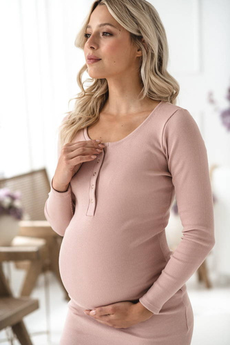 Sukienka ciążowa i do karmienia z dzianiny w prążek Tummy Milk&Love pudrowy róż