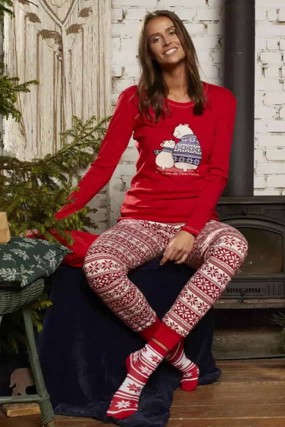 Piżama Damska długi rękaw, długie spodnie Arktyka Italian Fashion - czerwony/druk