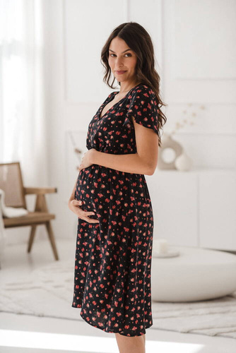 Sukienka ciążowa i do karmienia Lovely Dress Midi Milk&Love navy w różyczki