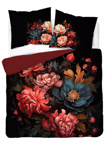 Detexpol Holland 5116 A pościel bawełniana czarna z motywem piwonii– dwustronna, naturalna, 100% bawełna