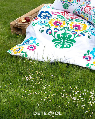 Pościel bawełniana Łowicka wycinanka 3612 A kwiaty kurpiowska Detexpol biały/szary