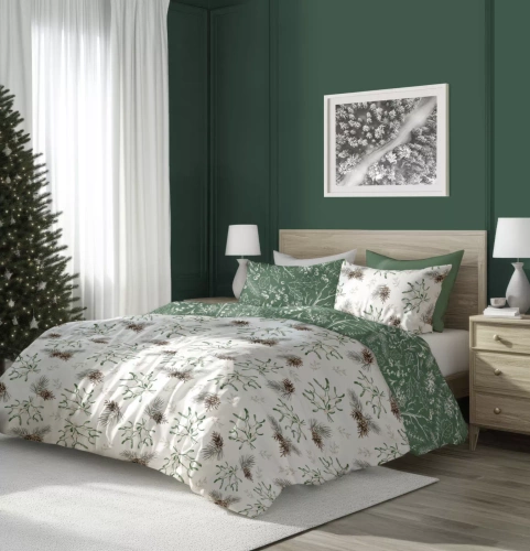 Scandic 083 Scandic Faro biała i zielona z szyszkami– pościel świąteczna dwustronna, bawełna 100%, komplet 