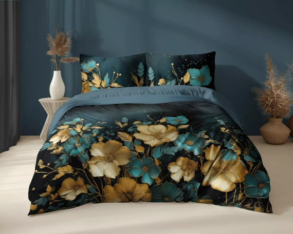 Detexpol Holland 5118 A pościel bawełniana ciemna w kwiaty złoto-turkusowe– dwustronna, naturalna, 100% bawełna