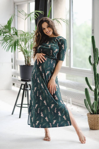 Two Ways LONG Sukienka do karmienia ciążowa krótki rękaw Milk&Love butelkowa zieleń w gałązki