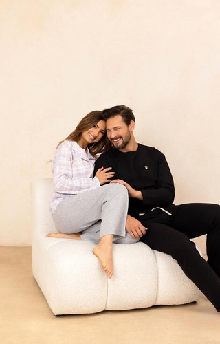 Regina 727 piżama damska szary  – koszula w kratkę, spodnie długie, bawełna