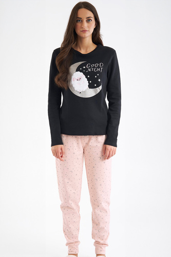 SHEARLY Sorbetto czarna – piżama damska z bawełny, aplikacją 3D i wzorem w gwiazdki