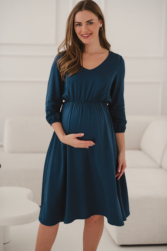 Lovely Dress Midi – sukienka ciążowa i do karmienia, granatowa wiskoza 100%, rękaw 3/4 | Elegancja dla mam