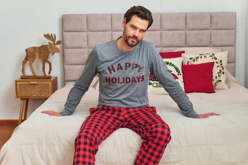 Doctor Nap 7344 – piżama męska bawełniana, szara góra i spodnie w kratę