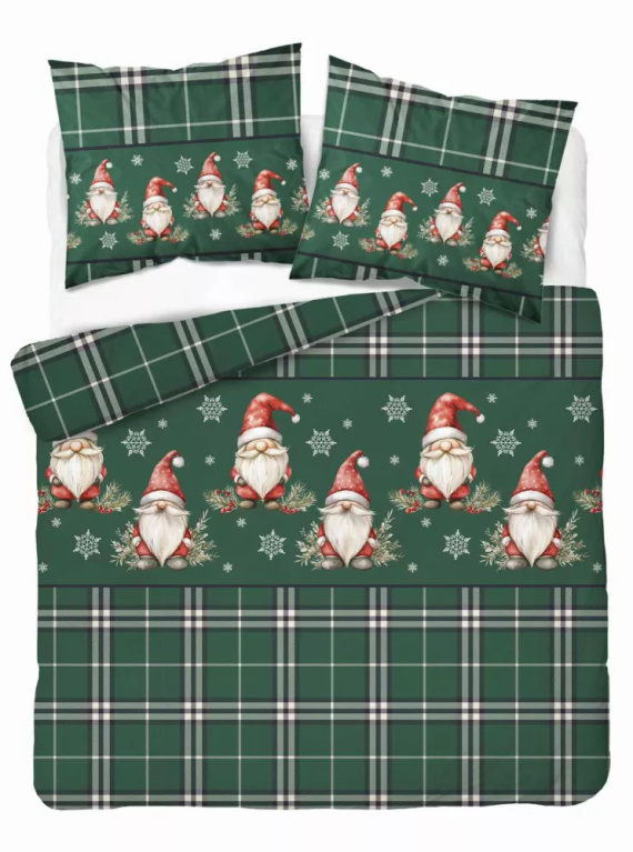 5622 B Magia Świąt Detexpol Pościel świąteczna flanelowa zielona w kratę ze skrzatami i śnieżynkami – bawełna 100%, certyfikat OEKO-TEX®