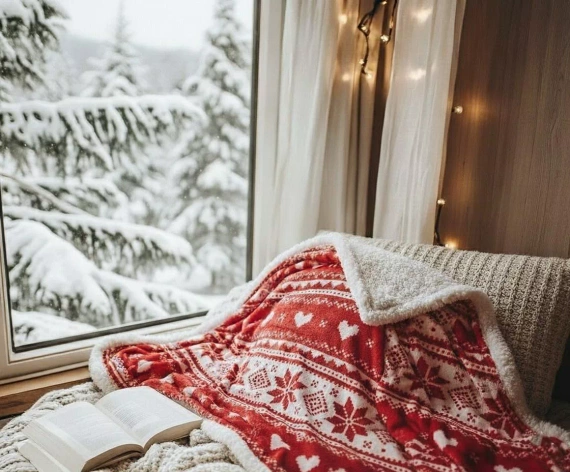 SACO Koc świąteczny 150x200 – czerwony, ciepły, miękki, z norweskim wzorem śnieżynek, w ozdobnym worku