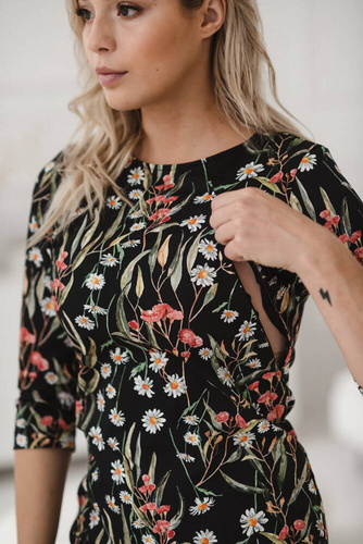 Sukienka do karmienia Milky Classic Milk&Love rękaw 3/4 czarna w rumianki