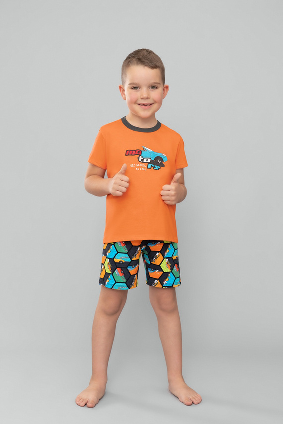 Piżama chłopięca krótki rękaw, spodnie Komiks Italian Fashion - pomarańczowy/druk