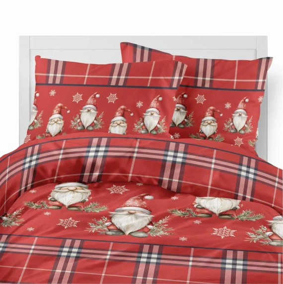 5622 A Magia Świąt Detexpol Pościel świąteczna flanelowa czerwona w kratę ze skrzatami i śnieżynkami – bawełna 100%, certyfikat OEKO-TEX®