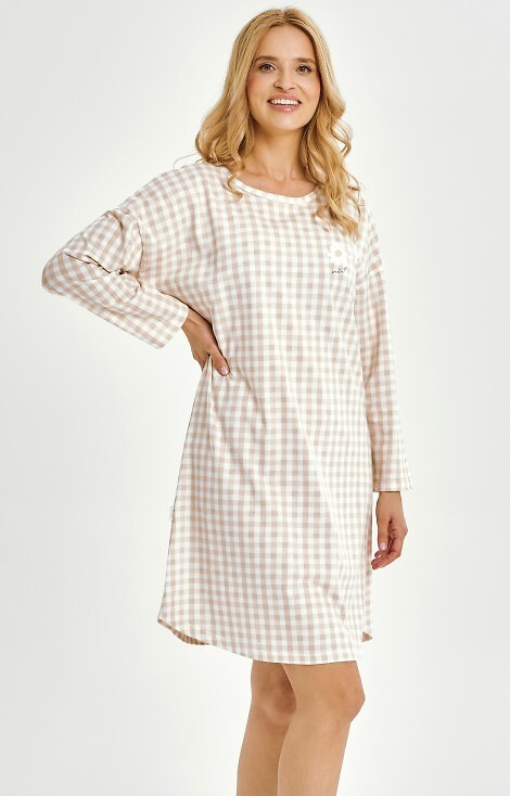 Damska koszula nocna Vera 3437 Taro – bawełna, wzór w kratkę, długi rękaw