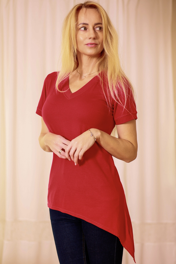 Damska bluzka z wiskozy Aria Mirale – kobiecy krój, V-neck, asymetria - czerwony
