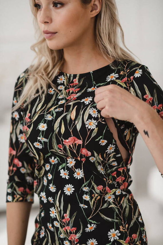 Sukienka do karmienia Milky Classic Milk&Love rękaw 3/4 czarna w rumianki