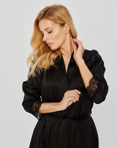 Szlafrok satynowy z koronką Mona black