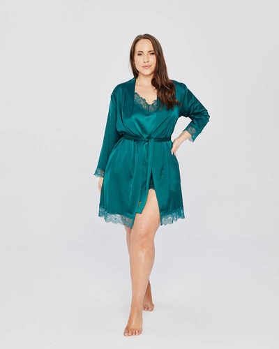Szlafrok satynowy z koronką plus size Mona dark green