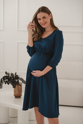 Lovely Dress Midi – sukienka ciążowa i do karmienia, granatowa wiskoza 100%, rękaw 3/4 | Elegancja dla mam