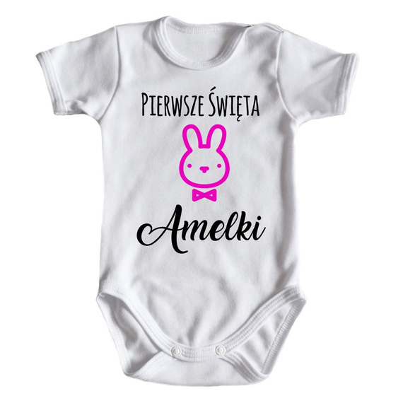 "Pierwsze Święta Wielkanocne róż" body krótki rękaw Moocha białe