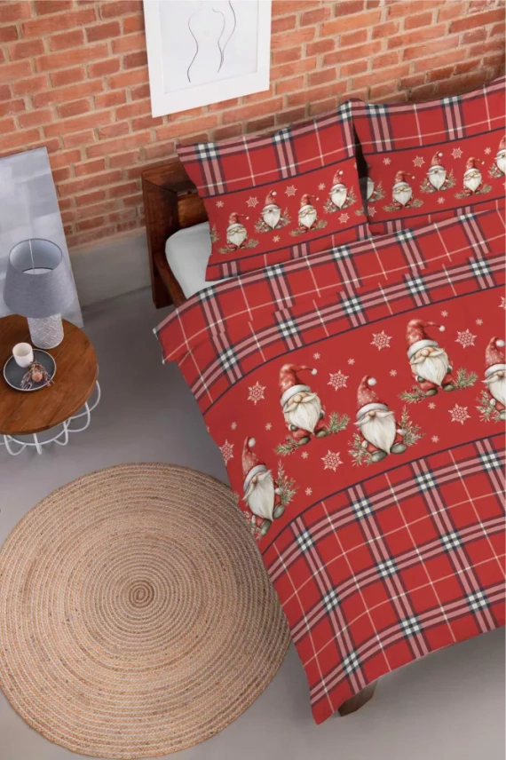 5622 A Magia Świąt Detexpol Pościel świąteczna flanelowa czerwona w kratę ze skrzatami i śnieżynkami – bawełna 100%, certyfikat OEKO-TEX®