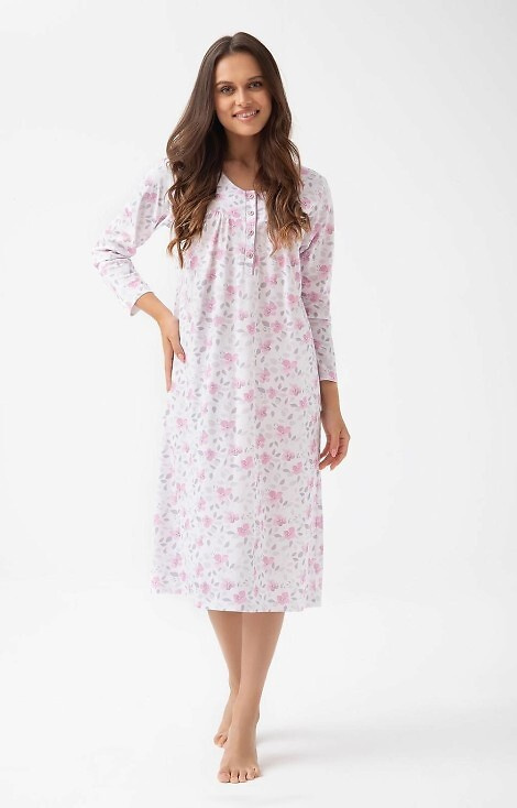 Damska koszula nocna Luna 338 – różowa , bawełna, guziki, długi rękaw