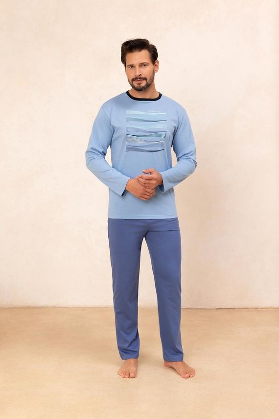 Piżama męska Regina 492 niebieska– bawełna, długi rękaw, wygodna i praktyczna