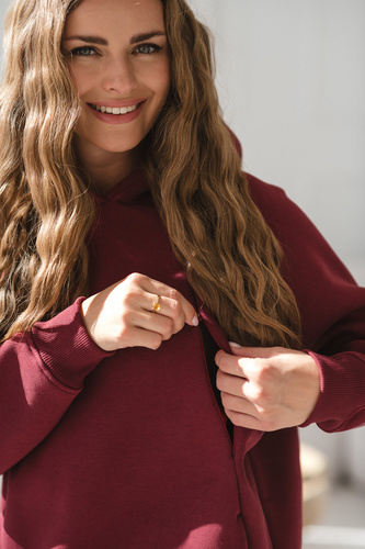 Motherhood Milk&Love – bluza ciążowa oversize z zamkami do karmienia, burgundowa bawełna z meszkiem