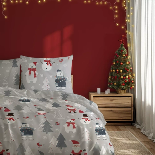 Scandic 079 Scandic Faro szara z Mikołajami – pościel świąteczna dwustronna, bawełna 100%, komplet