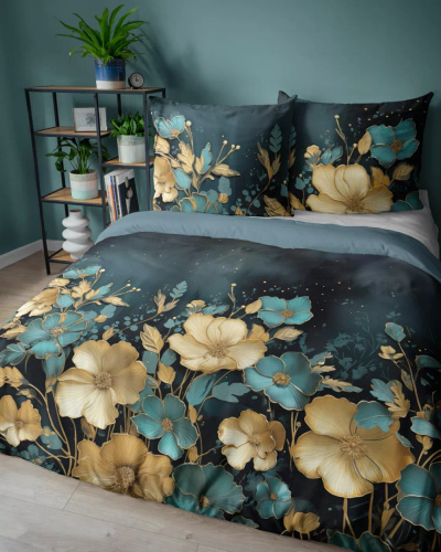 Detexpol Holland 5118 A pościel bawełniana ciemna w kwiaty złoto-turkusowe– dwustronna, naturalna, 100% bawełna