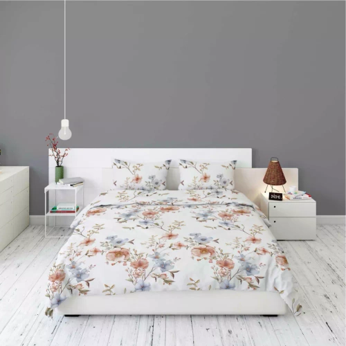 5635 A Detexpol Pastel Flowers biała w kwiaty morelowe i niebieskie pościel flanelowa bawełniana, miękka i przytulna