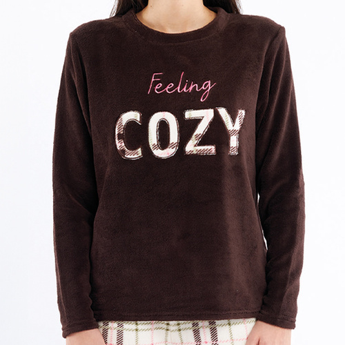 Liliana Sorbetto brązowa  – piżama damska polarowa w kratę z haftem 