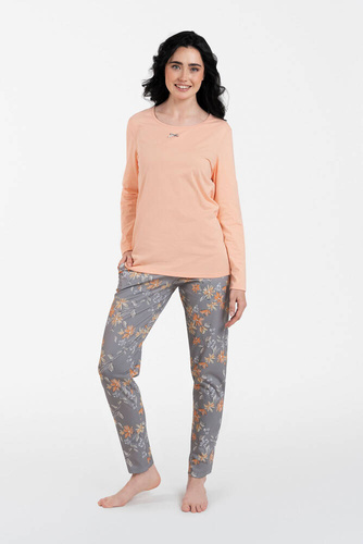 Piżama Damska długi rękaw, spodnie Kasali Italian Fashion - łosoś/druk 