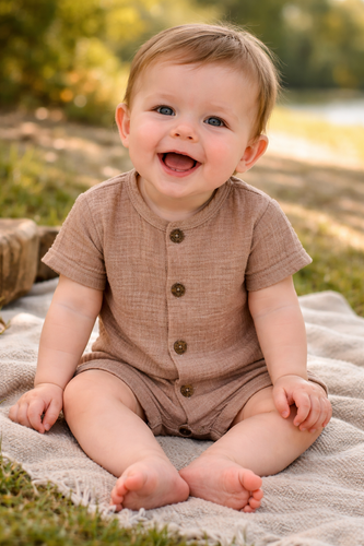 Rampers muślinowy Just Muslin Makoma latte– krótki rękaw, 100% bawełna