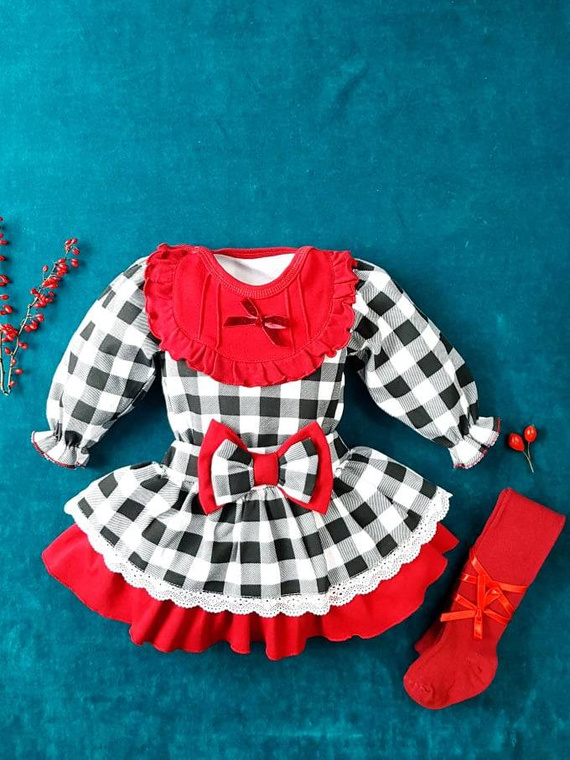 Body falbanka z długim rękawem 182KK Santa Marija - kratka z bordowym dekoltem